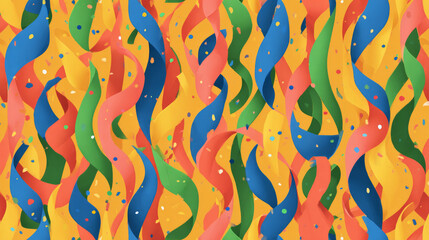 Colorful pattern of twisted streamers curled ribbons confetti dots in bright saturated colors playful flat vector style kid-friendly birthday background card invite wrapping paper party goods