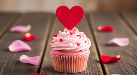 Pink frosted cupcake with red heart topper and scattered rose petals on wooden table
