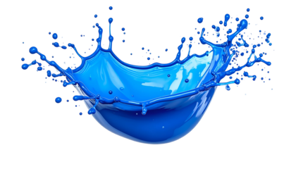 A vibrant blue paint splash erupts from a central point, set against a stark black backdrop