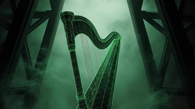A glowing, ethereal harp rises amidst geometric structures and an atmospheric mist