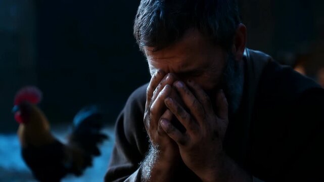 Denial of Peter - AI genereted video of Apostle Peter Weeping Bitterly After Denying Jesus with Rooster Silhouette in Background - Biblical Concept of Repentance and Regret.