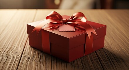 Red gift box with satin ribbon and tag on wooden table gift tag present