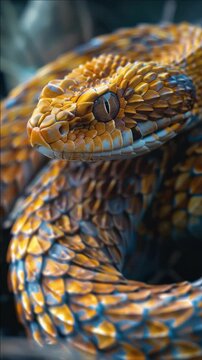 A vividly colored snake wrapped around a tree branch.