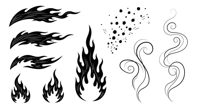 Collection of stylized fire and smoke elements for graphic design.
