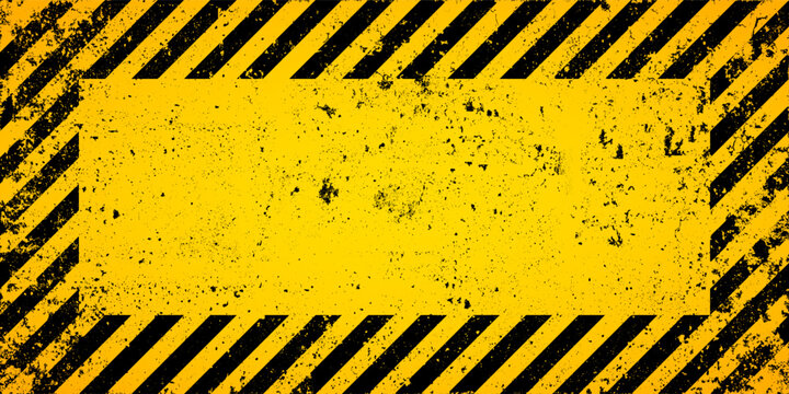 Warning sign with yellow and black diagonal lines. Attention, danger or caution symbol. Construction site signage, road safety notice, hazard banner, security alert shield. Vector illustration