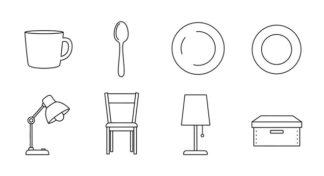 Collection of various household items and furniture in simple line art style.
