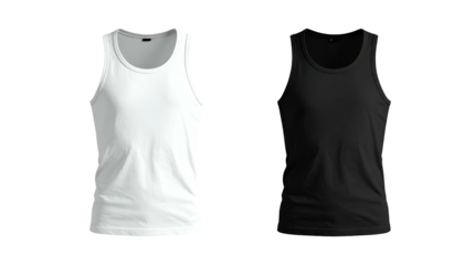 Two tank tops, one white, one black, isolated on a transparent background