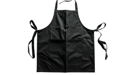 Overhead view of a black apron with tie strings, two pockets and neck loop on black background