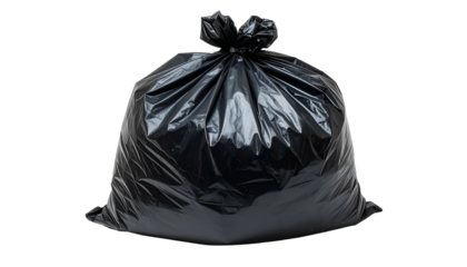 A tightly knotted, black plastic trash bag against a black background, fully opaque