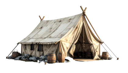 Weathered canvas tent with wooden frame, barrels, and rocks, against a black background