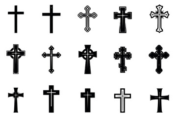 Line art religious crosses set featuring various styles for christian design