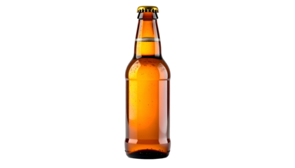 A lone, brown glass bottle filled with amber liquid, topped with a golden cap, on black background