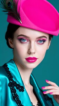 Woman wearing a pink hat with a peacock feather and bold colorful makeup. She poses in a teal satin jacket with magenta lips and matching nail polish. The studio portrait emphasizes retro glamour and 