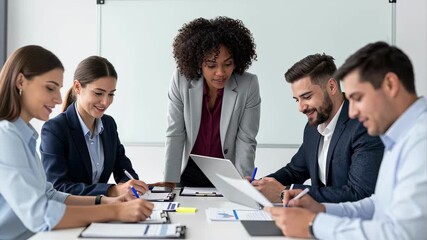 Diverse group of professionals engaging in collaborative discussion during a business meeting at modern workspace