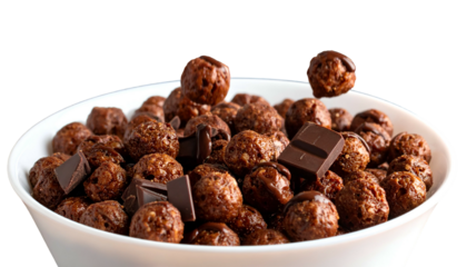 Chocolate cereal balls with chocolate chunks in a white bowl, some pieces are falling