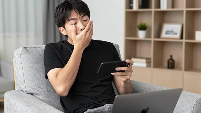Young man focused on mobile gaming while seated comfortably in a modern living room setting