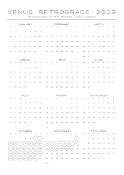 2026 Venus Retrograde Calendar Planner A4 Printable Blueprint Style Astrology Chart Vector Scientific Almanac Geocentric Tracking Poster Minimalist Graphic Design Wall Decor Engineering Schematic2026 
