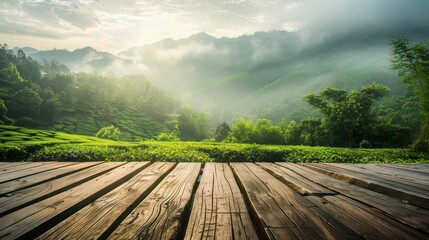 Wooden deck overlooking lush green landscape with mountains