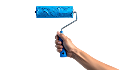 A hand holds a paint roller covered in wet blue paint against a stark black background
