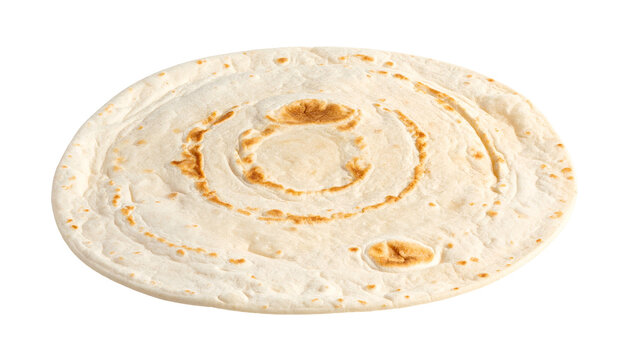 A close-up, isolated view of a circular, light-colored flatbread with a spiral pattern