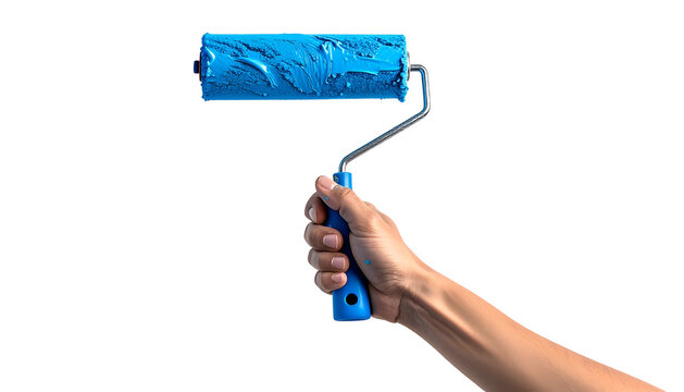 A hand holds a paint roller covered in wet blue paint against a stark black background