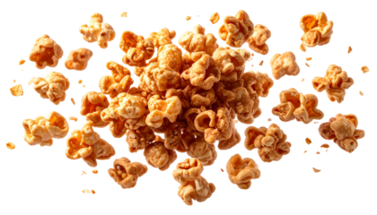 A scattering of sweet, glossy caramel popcorn kernels, isolated against a dark backdrop