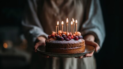 A warm and inviting birthday cake topped with fresh berries and lit candles, presented on a plate. The cozy ambiance suggests a heartfelt celebration in a dimly lit setting.