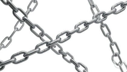 Cross-section of several metallic chains. Overlapping on a black background, with varying perspectives