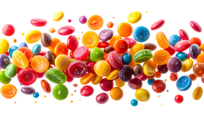 Vivid assortment of vibrantly colored candies suspended against a dark backdrop