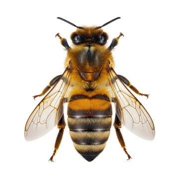 highly detailed, photorealistic macro flat lay of a stationary european honey bee, fluffy golden thorax and sharp striped abdomen, perfectly isolated on a pure neutral gray background. concept of