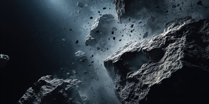 Dynamic Space Scene with Exploding Asteroids and Rocks in Dark Void - Impact Background.