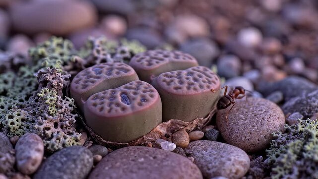 Ant Crawling on Lithops Plant Among Rocks in Natural Environment