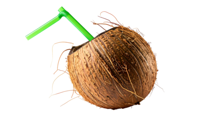 A brown coconut shell with a green straw, partially open, with brown fibrous strands