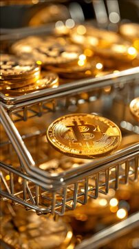 Close-up view of a collection of gold Bitcoin coins on top of a metal rack.