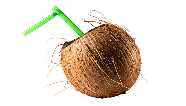 A brown coconut shell with a green straw, partially open, with brown fibrous strands
