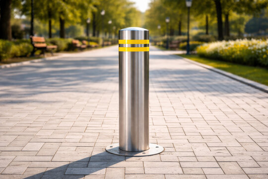 Stainless steel security bollard with yellow reflective stripe stands on paved pedestrian walkway in city park to control vehicle access.
