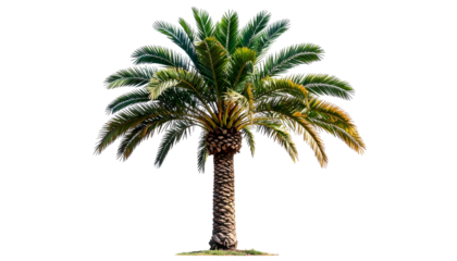 A vibrant palm tree with lush green fronds and a textured brown trunk against black