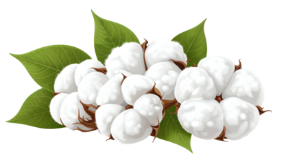 Rendered image of fluffy white cotton bolls with green leaves against a transparent backdrop