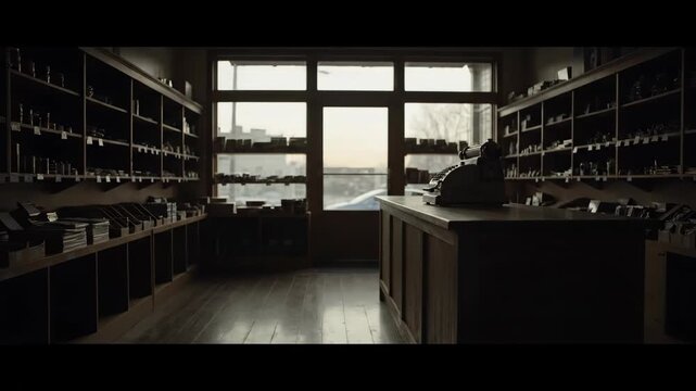 A dimly lit wine cellar with shelves of bottles and a large window overlooking a body of water.
