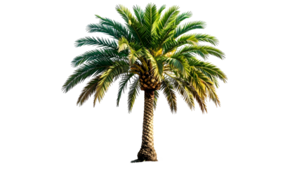 Isolated tropical palm tree with lush green fronds and textured trunk on black background
