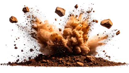 A dynamic illustration showing an explosion erupting upwards, with earth and dust