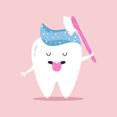 Funny Cartoon Tooth Character Brushing with Toothpaste. Adorable Vector Illustration.