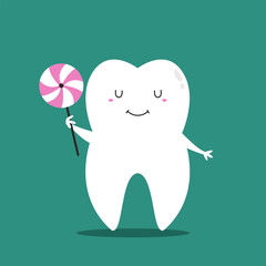 Happy Cartoon Tooth Character Holding a Lollipop to Explain the Risks of Sugar in Professional Stomatology.