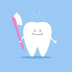 Cute Cartoon Tooth Character Holding a Toothbrush. Adorable Vector Illustration