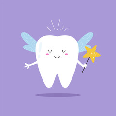Magical Tooth Fairy Character with Wings and Wand.