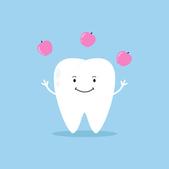 Strong Healthy Tooth Character with Apples to Promote Nutritional Diet for Professional Stomatology and Oral Care.