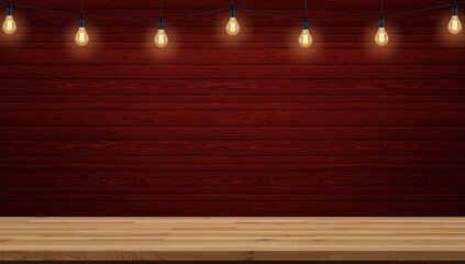 Empty brown plank wood shelf at black red wooden wall background with light bulbs string