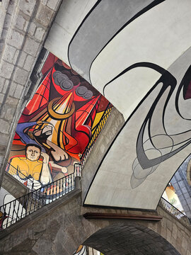 Mexico City, Mexico - Aug 4, 2025: Museo Vivo del Muralismo in the building of the Secretaria de Educacion Publica SEP, in CDMX, dedicated to the works of David Alfaro Siqueiros and Diego Rivera