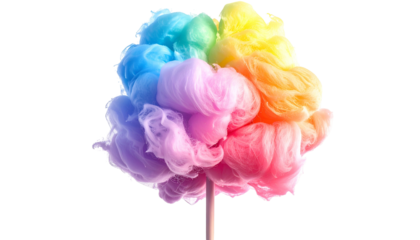 Colorful, fluffy treat on a stick, evoking a rainbow. Black background