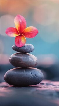 A pink flower with a vibrant hue rests atop a stack of smooth, dark rocks. The contrasting colors and textures create an eye-catching composition.